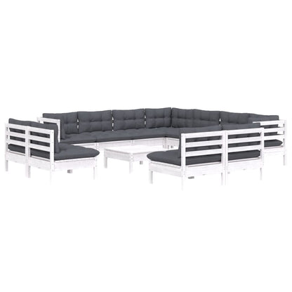 Set Divani da Giardino 12 pz con Cuscini Bianchi Legno di Pino