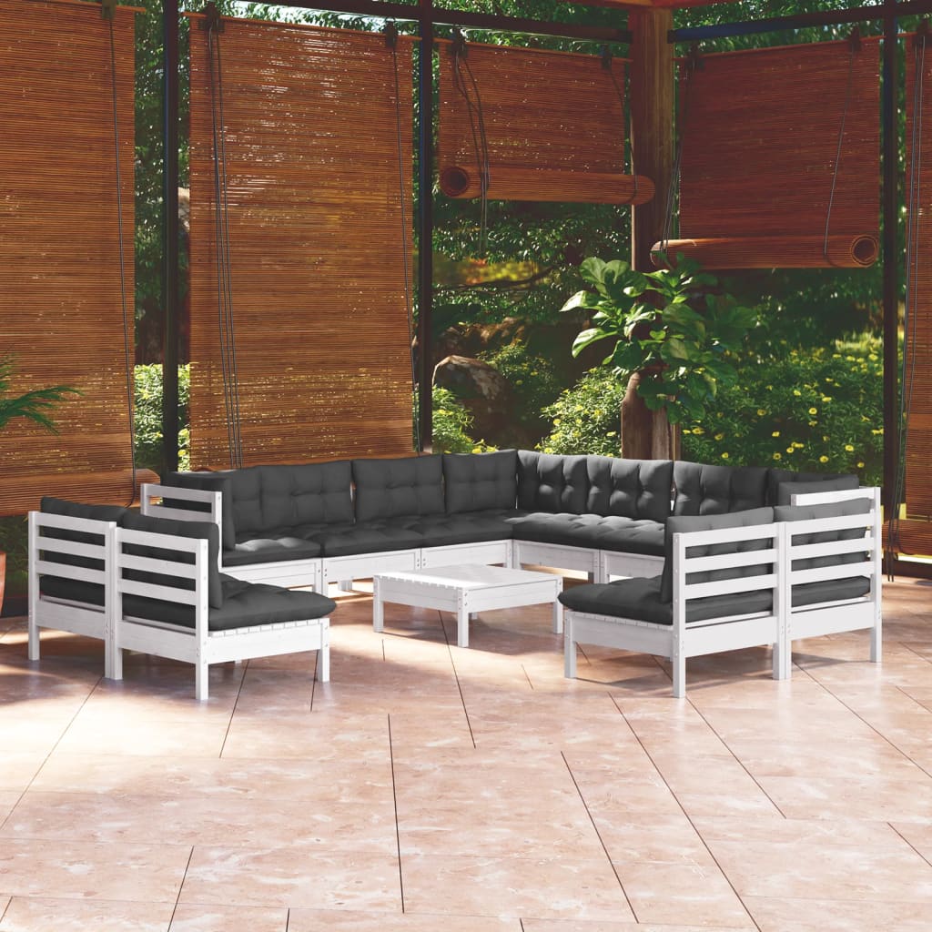 Set Divani da Giardino 12 pz con Cuscini Bianchi Legno di Pino