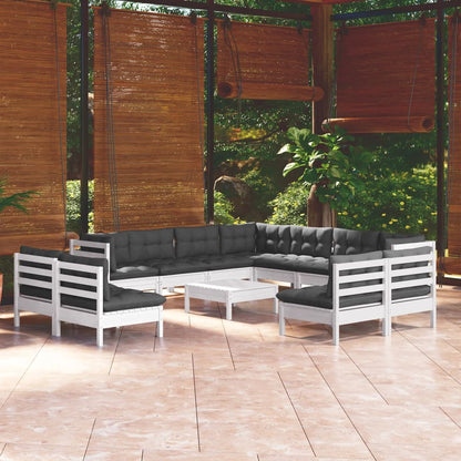 Set Divani da Giardino 12 pz con Cuscini Bianchi Legno di Pino