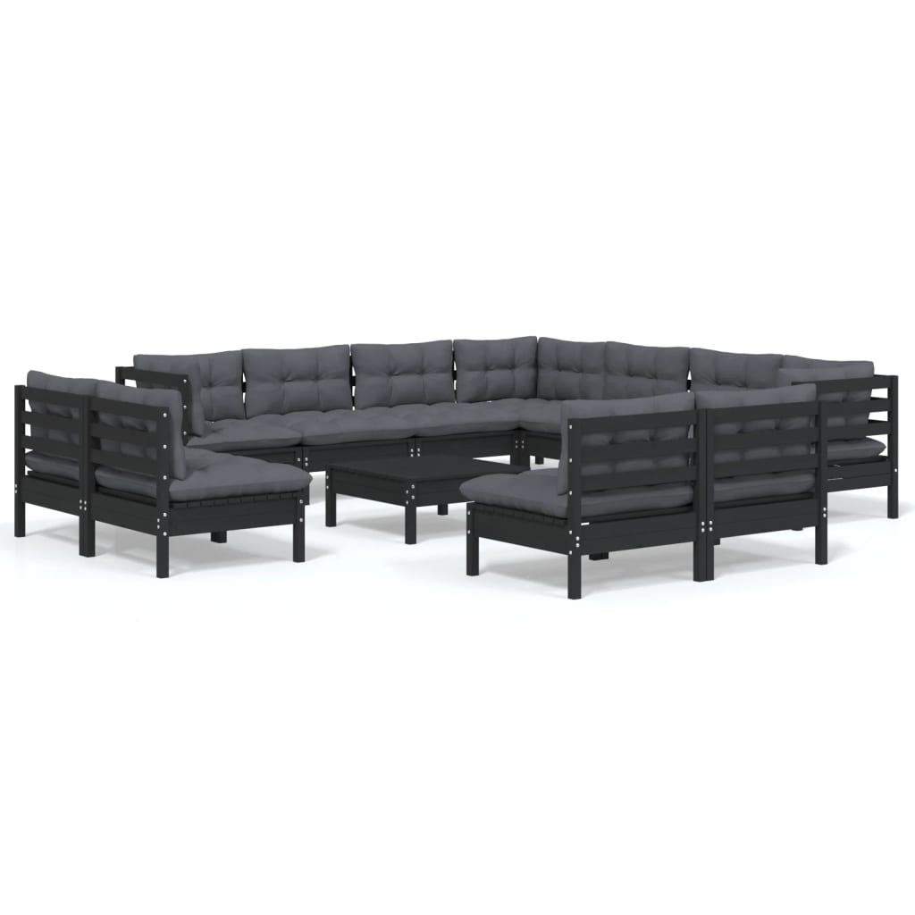 Set Divani da Giardino 12 pz con Cuscini Neri in Legno di Pino