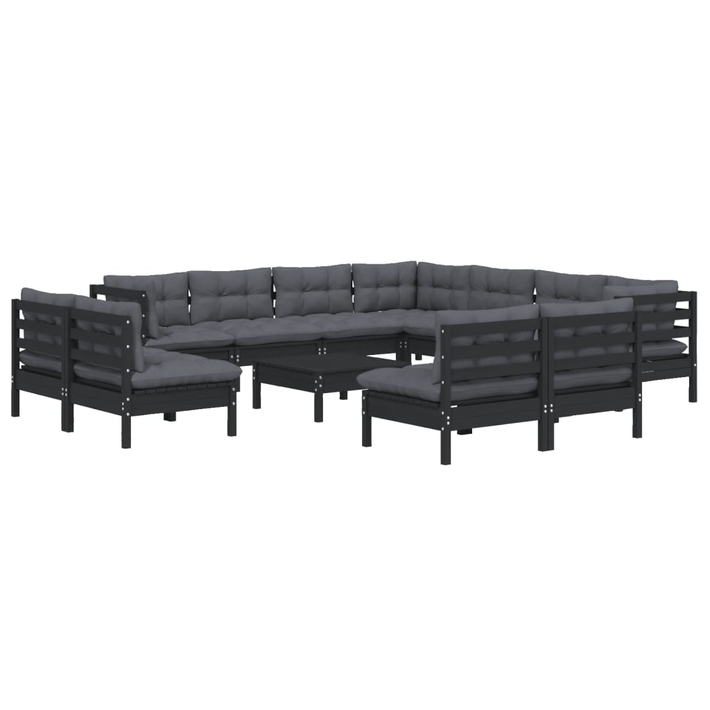 Set Divani da Giardino 12 pz con Cuscini Neri in Legno di Pino