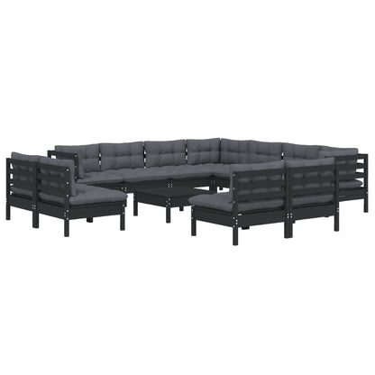 Set Divani da Giardino 12 pz con Cuscini Neri in Legno di Pino