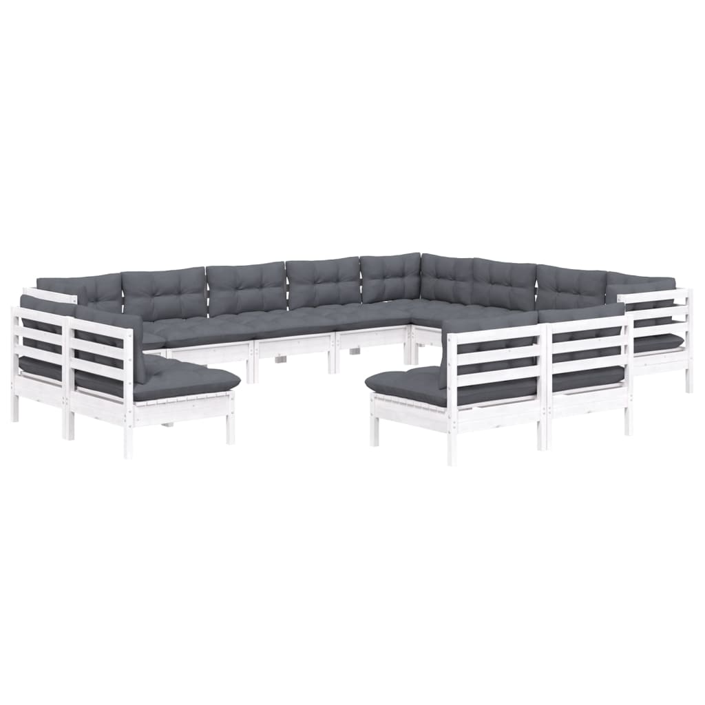 Set Divani da Giardino 12 pz con Cuscini Bianchi Legno di Pino