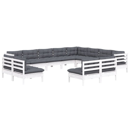 Set Divani da Giardino 12 pz con Cuscini Bianchi Legno di Pino