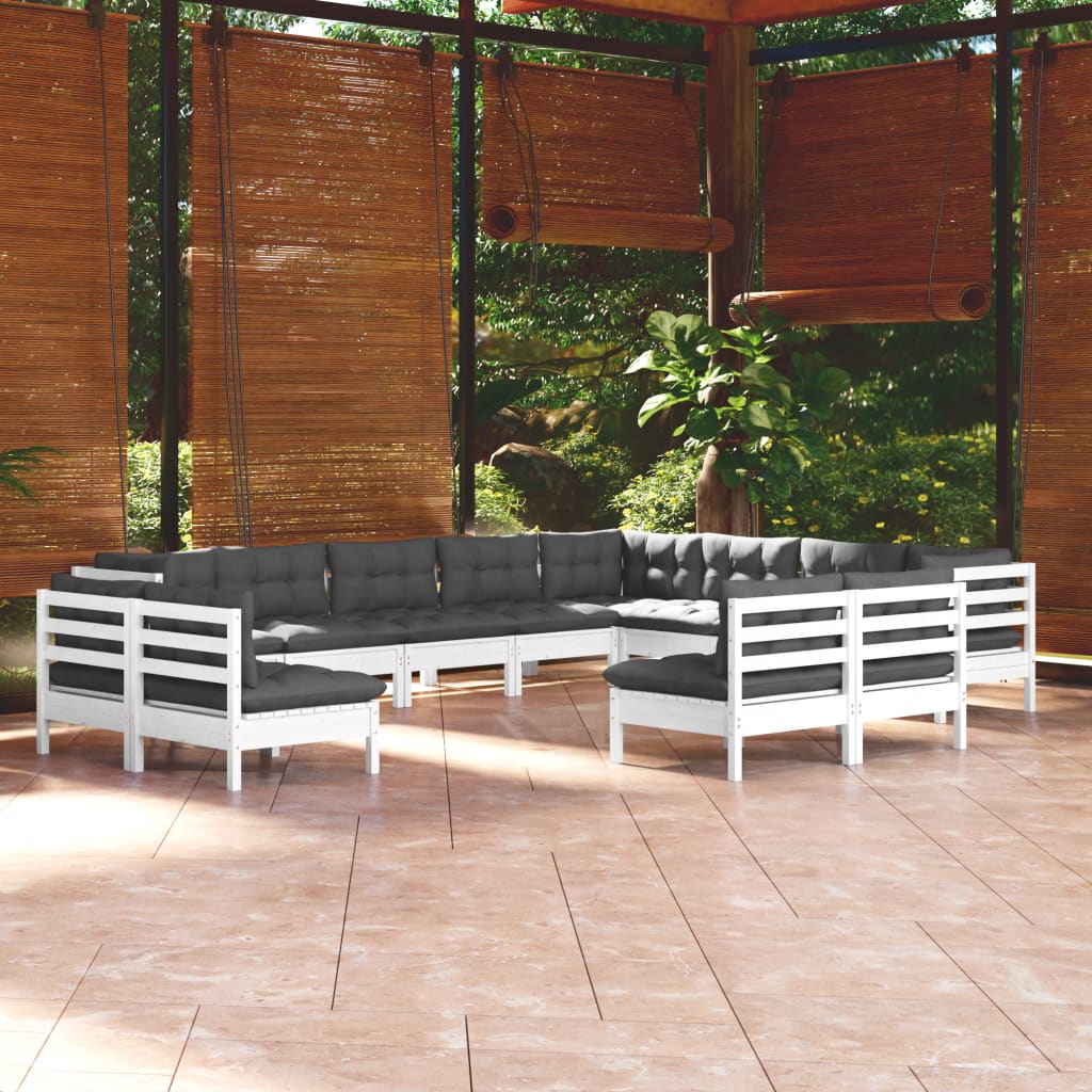 Set Divani da Giardino 12 pz con Cuscini Bianchi Legno di Pino