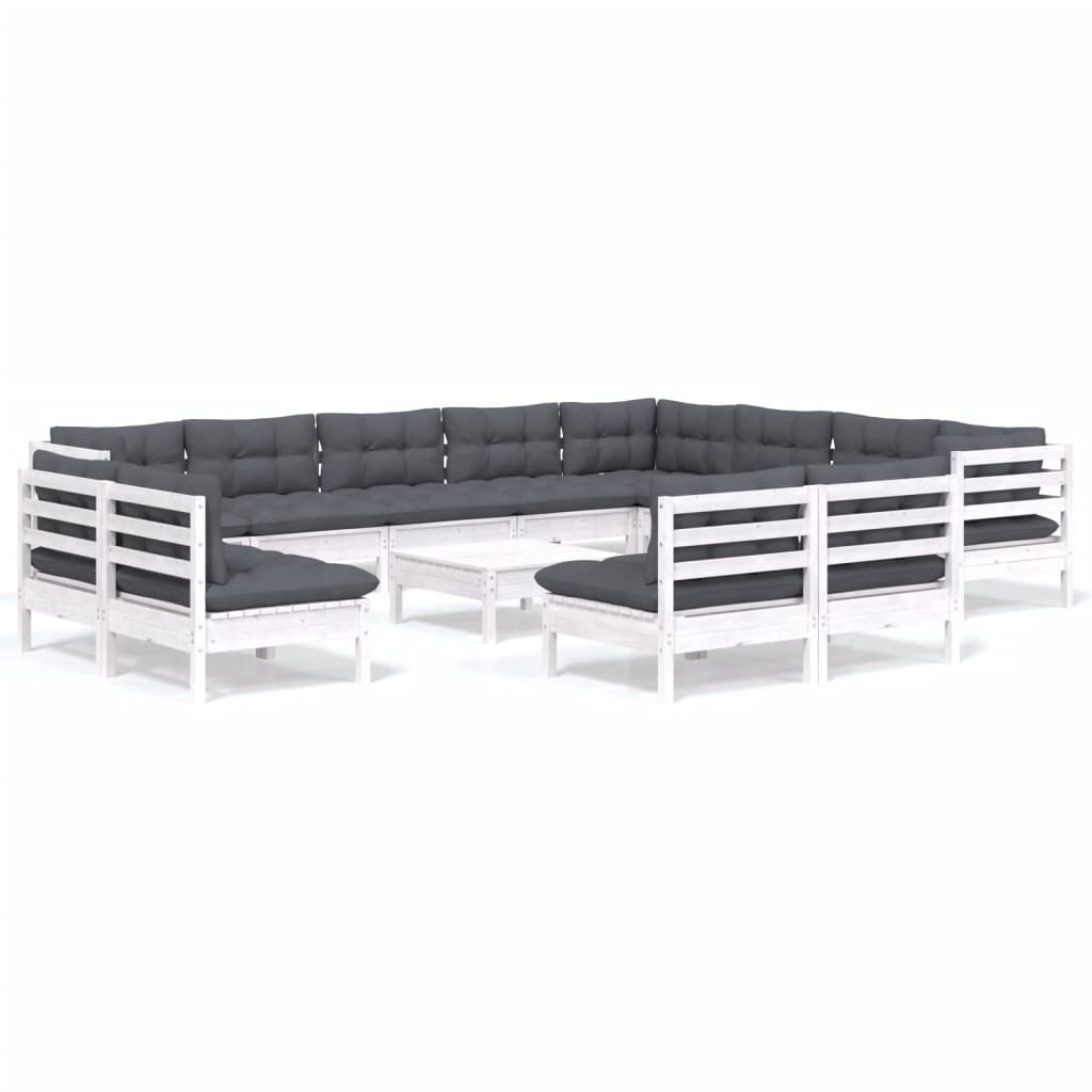 Set Divani da Giardino 13 pz con Cuscini Bianchi Legno di Pino