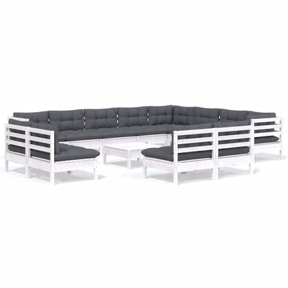 Set Divani da Giardino 13 pz con Cuscini Bianchi Legno di Pino
