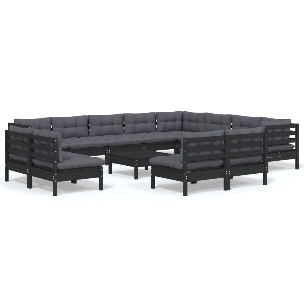 Set Divani da Giardino 13 pz con Cuscini Neri Legno di Pino
