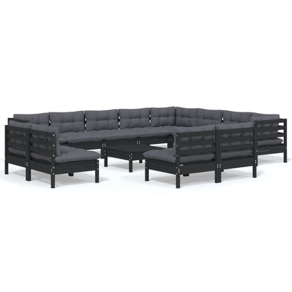 Set Divani da Giardino 13 pz con Cuscini Neri Legno di Pino
