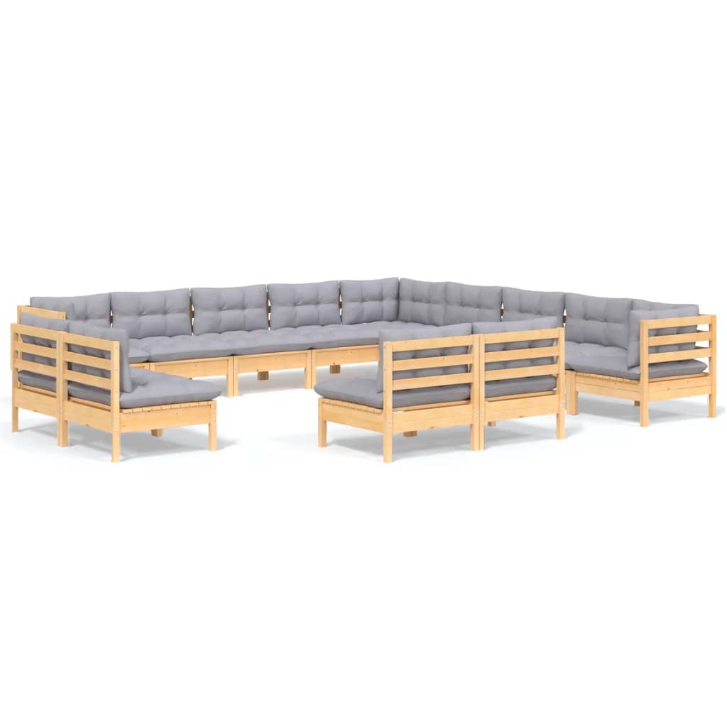 Set Divani da Giardino 13 pz con Cuscini Grigi Massello di Pino