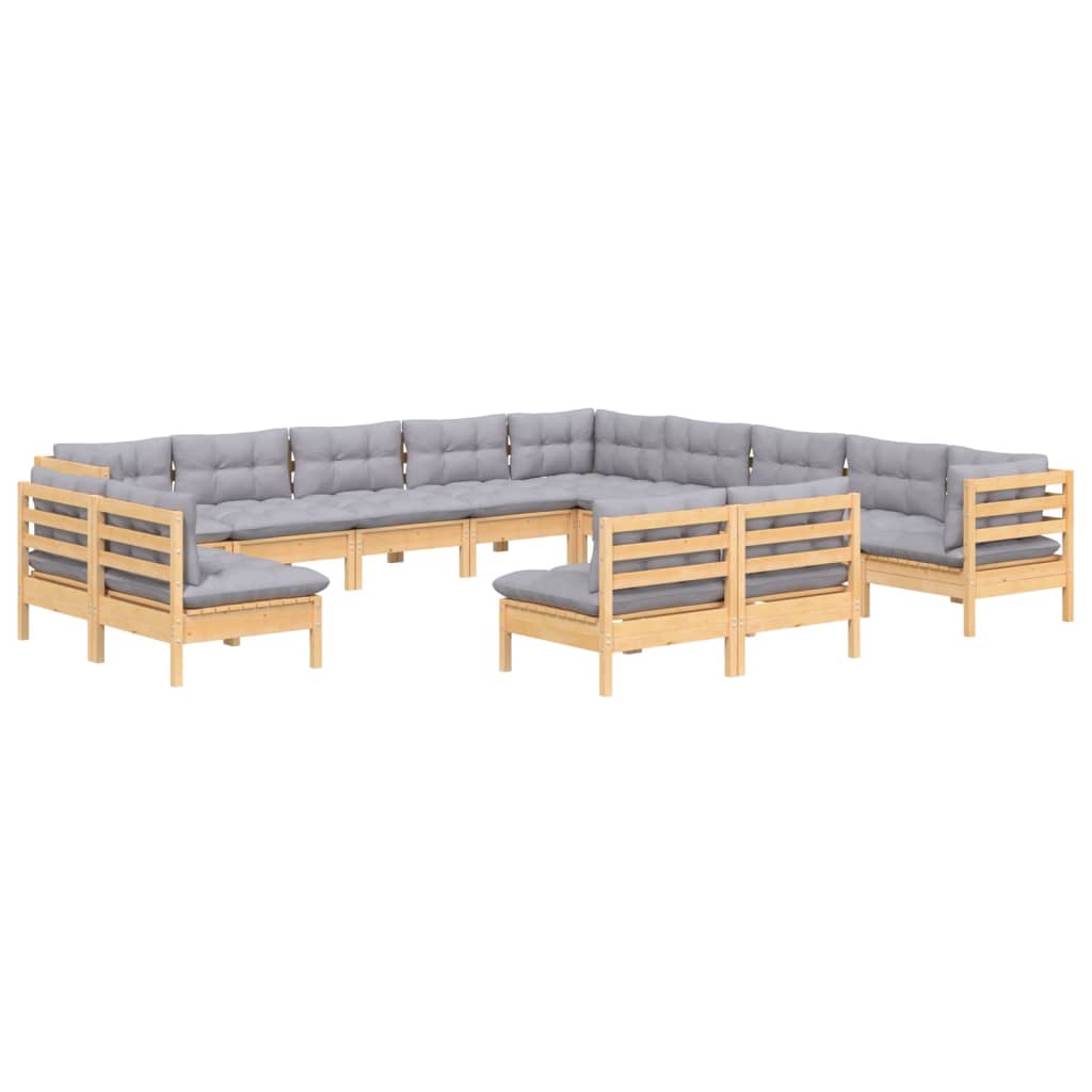 Set Divani da Giardino 13 pz con Cuscini Grigi Massello di Pino
