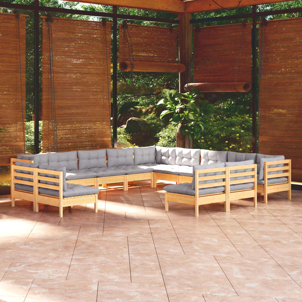 Set Divani da Giardino 13 pz con Cuscini Grigi Massello di Pino