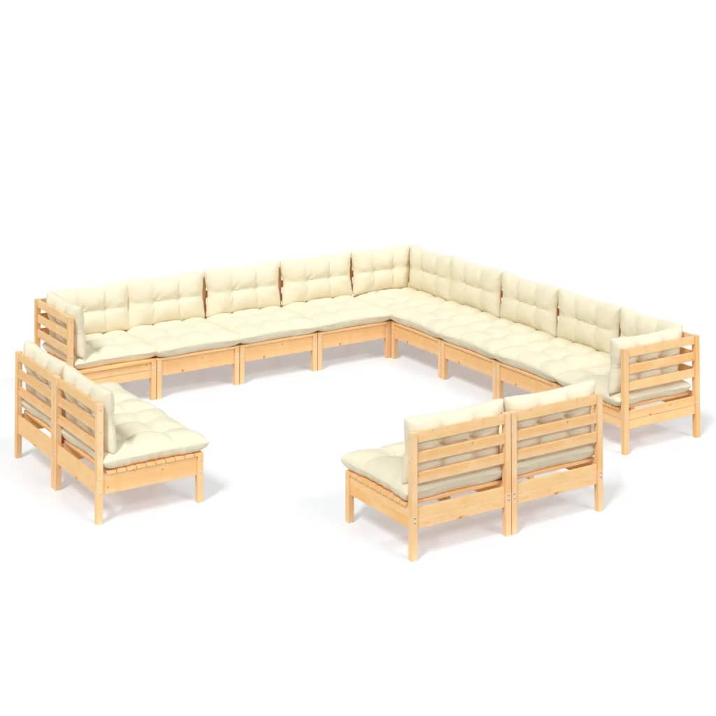 Set Divani da Giardino 13 pz con Cuscini Crema Massello di Pino