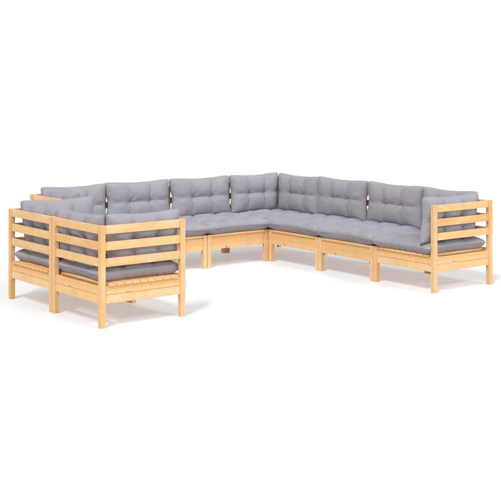 Set Divani da Giardino 9 pz con Cuscini Grigi Massello di Pino