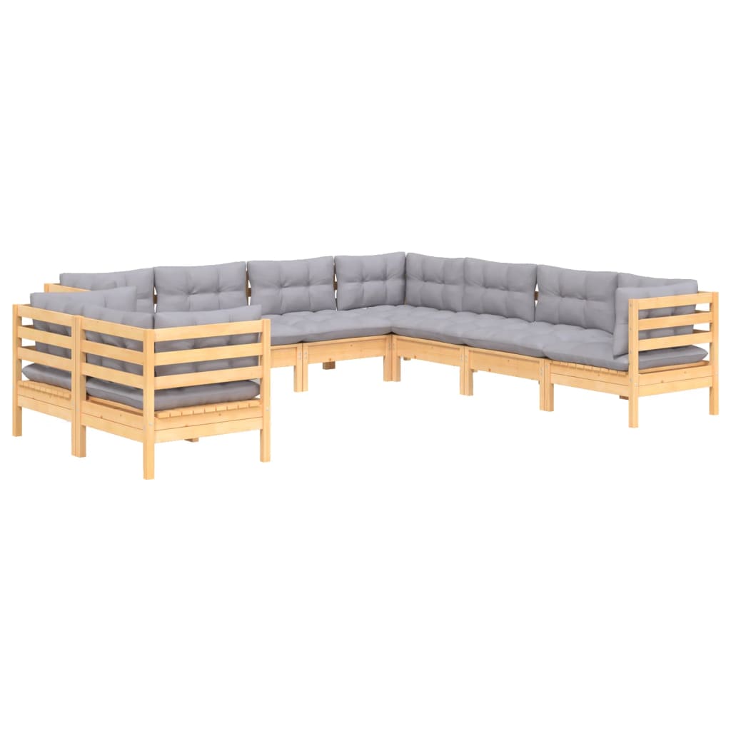 Set Divani da Giardino 9 pz con Cuscini Grigi Massello di Pino