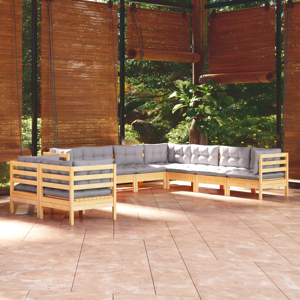Set Divani da Giardino 9 pz con Cuscini Grigi Massello di Pino