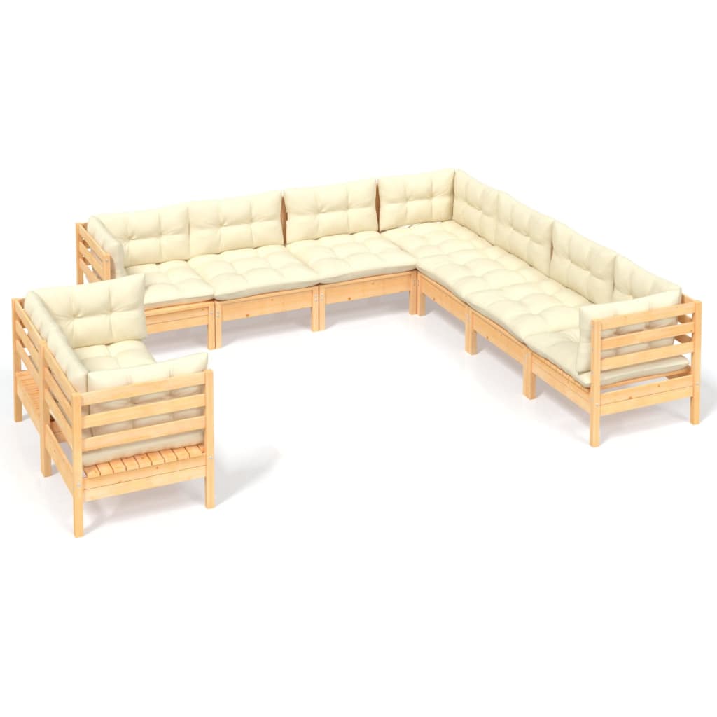 Set Divani da Giardino 9 pz con Cuscini Crema Massello di Pino
