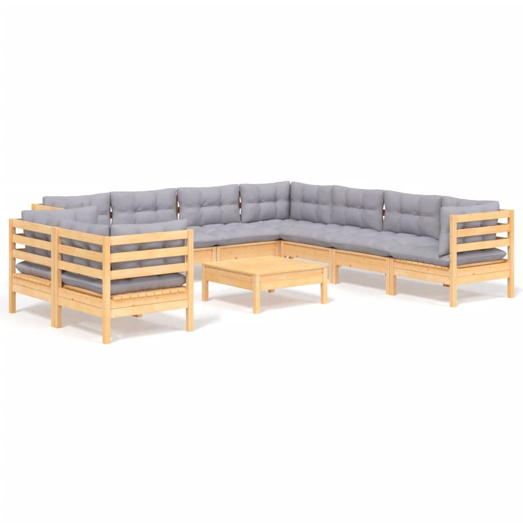 Set Divani da Giardino 10 pz con Cuscini Grigi Massello di Pino