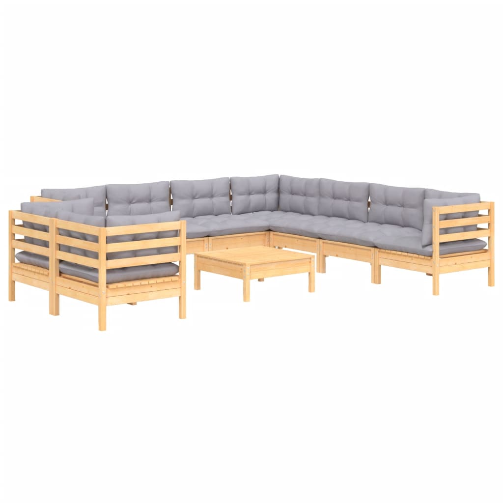 Set Divani da Giardino 10 pz con Cuscini Grigi Massello di Pino