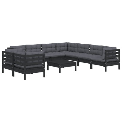 Set Divani da Giardino 10 pz con Cuscini Neri Legno di Pino