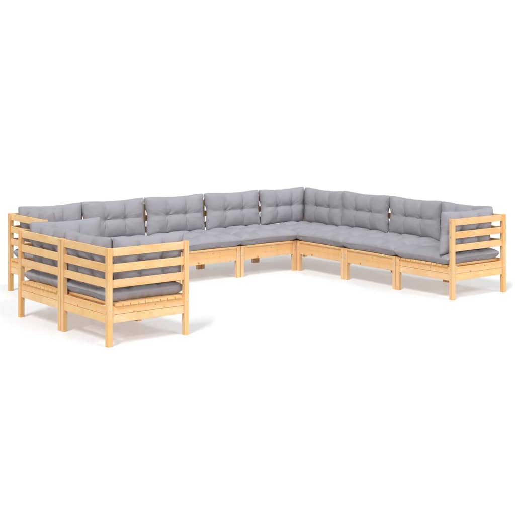 Set Divani da Giardino 10 pz con Cuscini Grigi Massello di Pino