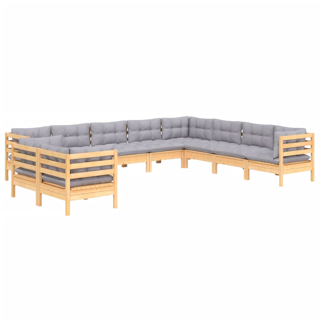 Set Divani da Giardino 10 pz con Cuscini Grigi Massello di Pino