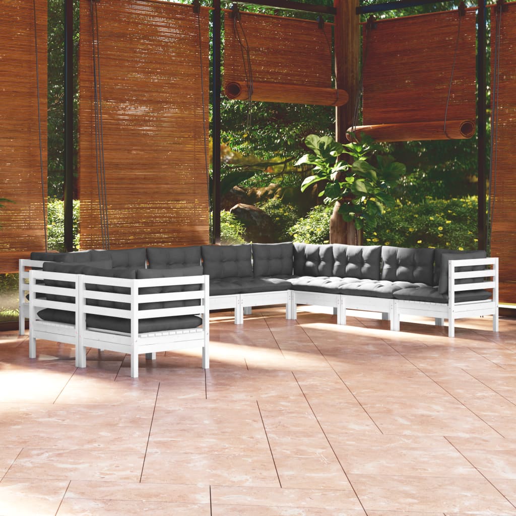 Set Divani da Giardino 10 pz con Cuscini Bianchi Legno di Pino