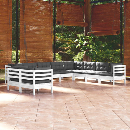Set Divani da Giardino 10 pz con Cuscini Bianchi Legno di Pino