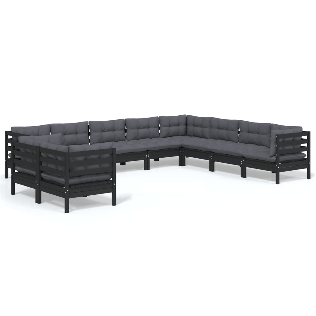 Set Divani da Giardino 10 pz con Cuscini Neri Massello di Pino
