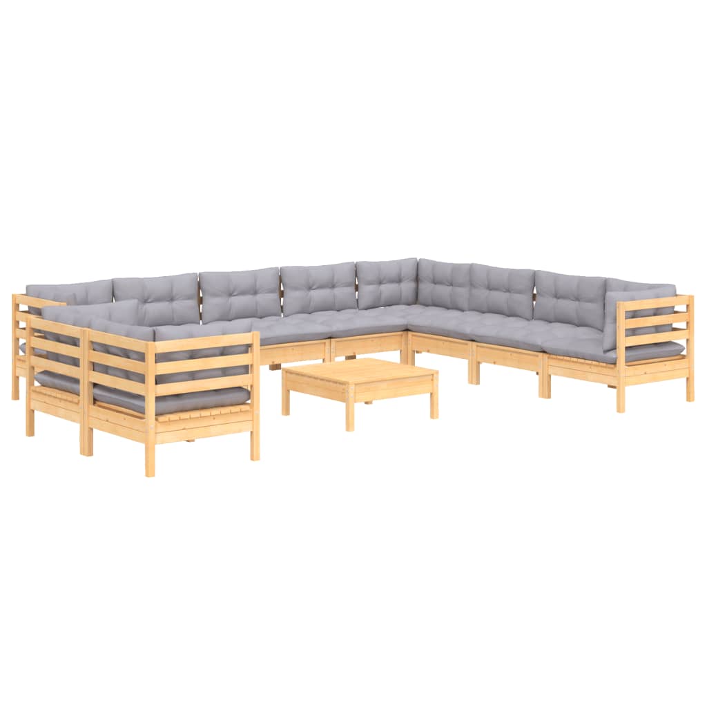 Set Divani da Giardino 11 pz con Cuscini Grigi Massello di Pino