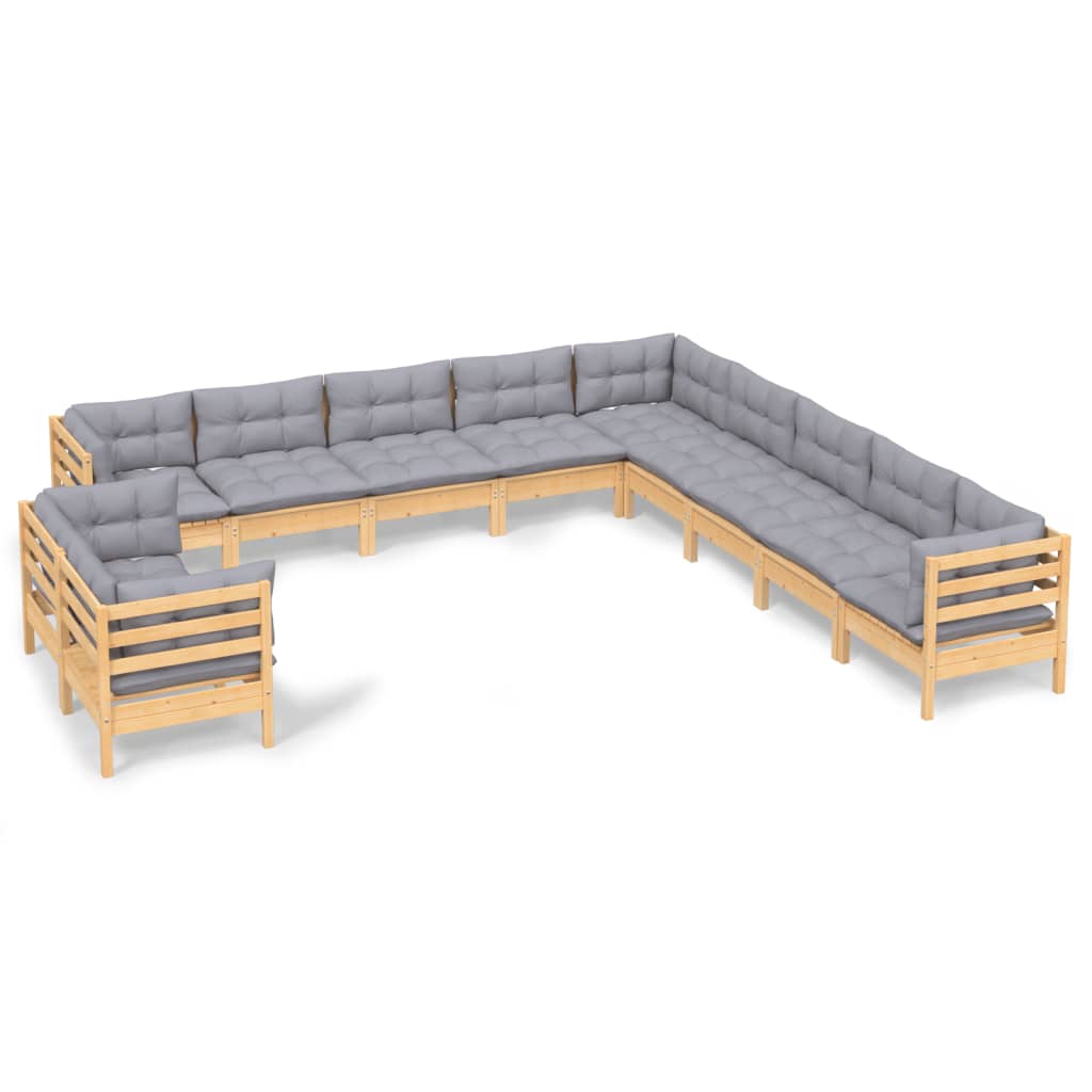 Set Divani da Giardino 11 pz con Cuscini Grigi Massello di Pino