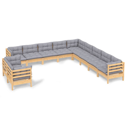 Set Divani da Giardino 11 pz con Cuscini Grigi Massello di Pino
