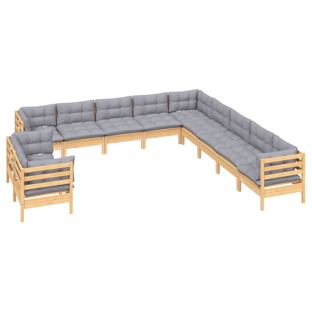 Set Divani da Giardino 11 pz con Cuscini Grigi Massello di Pino