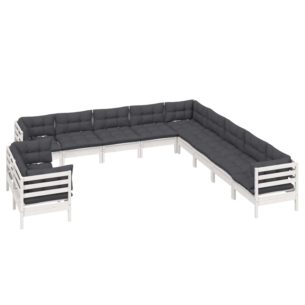 Set Divani da Giardino 11 pz con Cuscini Bianchi Legno di Pino