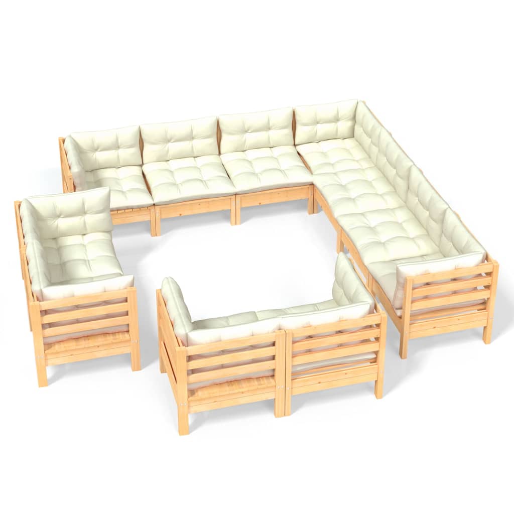Set Divani da Giardino 11 pz con Cuscini Crema in Massello di Pino