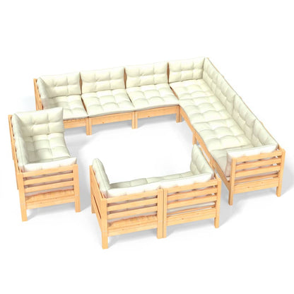 Set Divani da Giardino 11 pz con Cuscini Crema in Massello di Pino