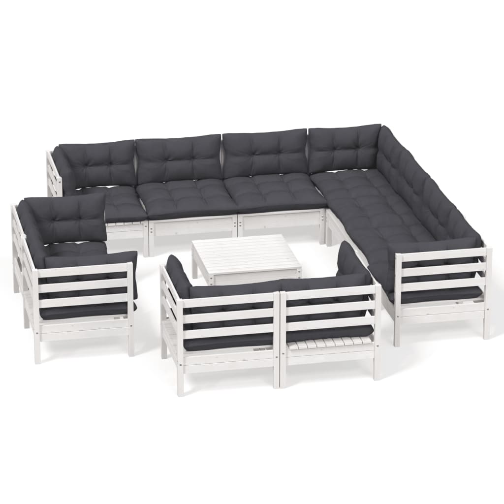 Set Divani da Giardino 12 pz con Cuscini Bianchi Legno di Pino