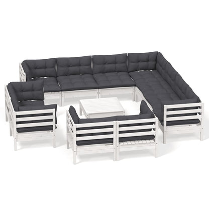Set Divani da Giardino 12 pz con Cuscini Bianchi Legno di Pino