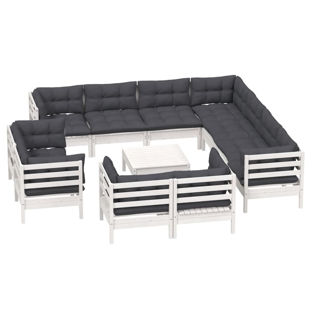 Set Divani da Giardino 12 pz con Cuscini Bianchi Legno di Pino