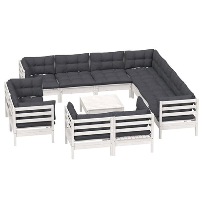 Set Divani da Giardino 12 pz con Cuscini Bianchi Legno di Pino