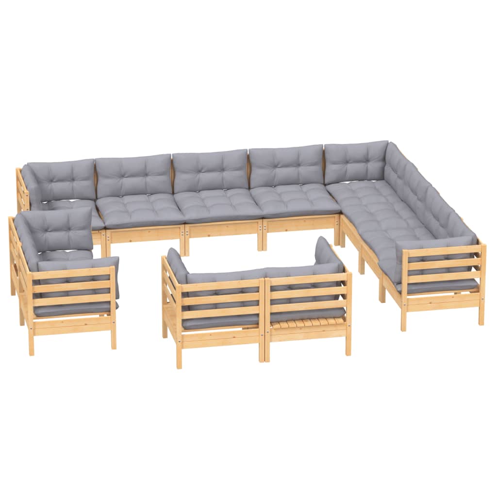 Set Divani da Giardino 12 pz con Cuscini Grigi Massello di Pino