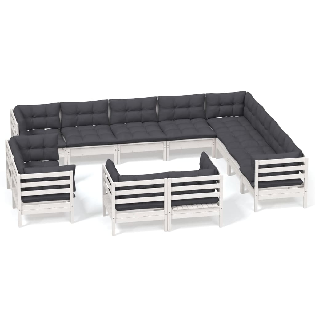 Set Divani da Giardino 12 pz con Cuscini Bianchi Legno di Pino