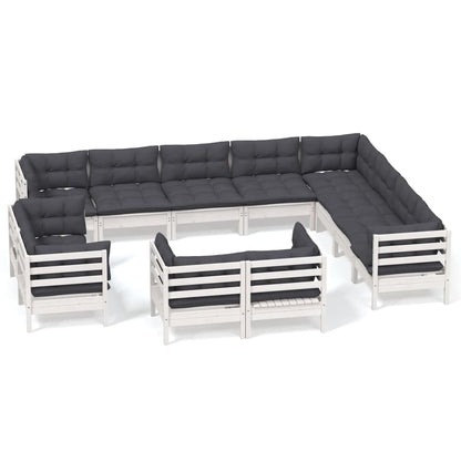 Set Divani da Giardino 12 pz con Cuscini Bianchi Legno di Pino