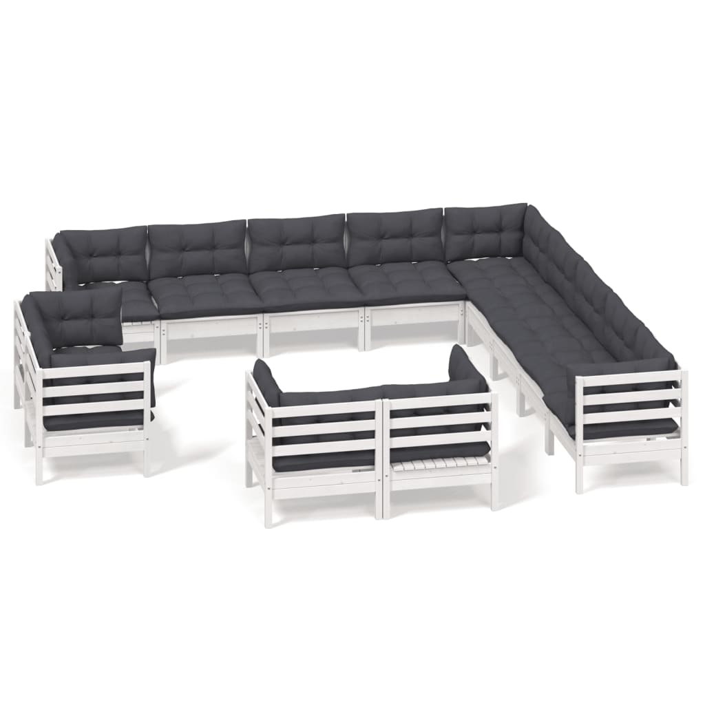 Set Divani da Giardino 13 pz con Cuscini Bianchi Legno di Pino