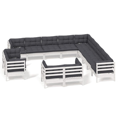 Set Divani da Giardino 13 pz con Cuscini Bianchi Legno di Pino