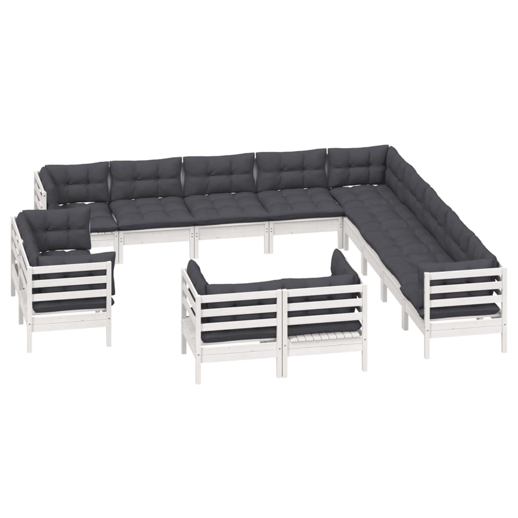 Set Divani da Giardino 13 pz con Cuscini Bianchi Legno di Pino