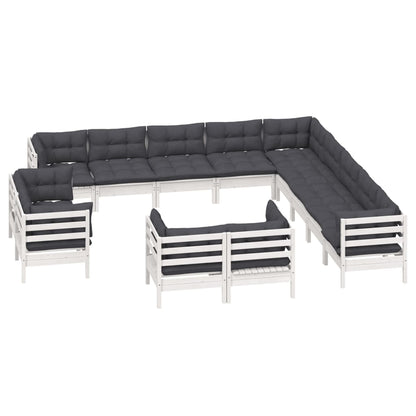 Set Divani da Giardino 13 pz con Cuscini Bianchi Legno di Pino