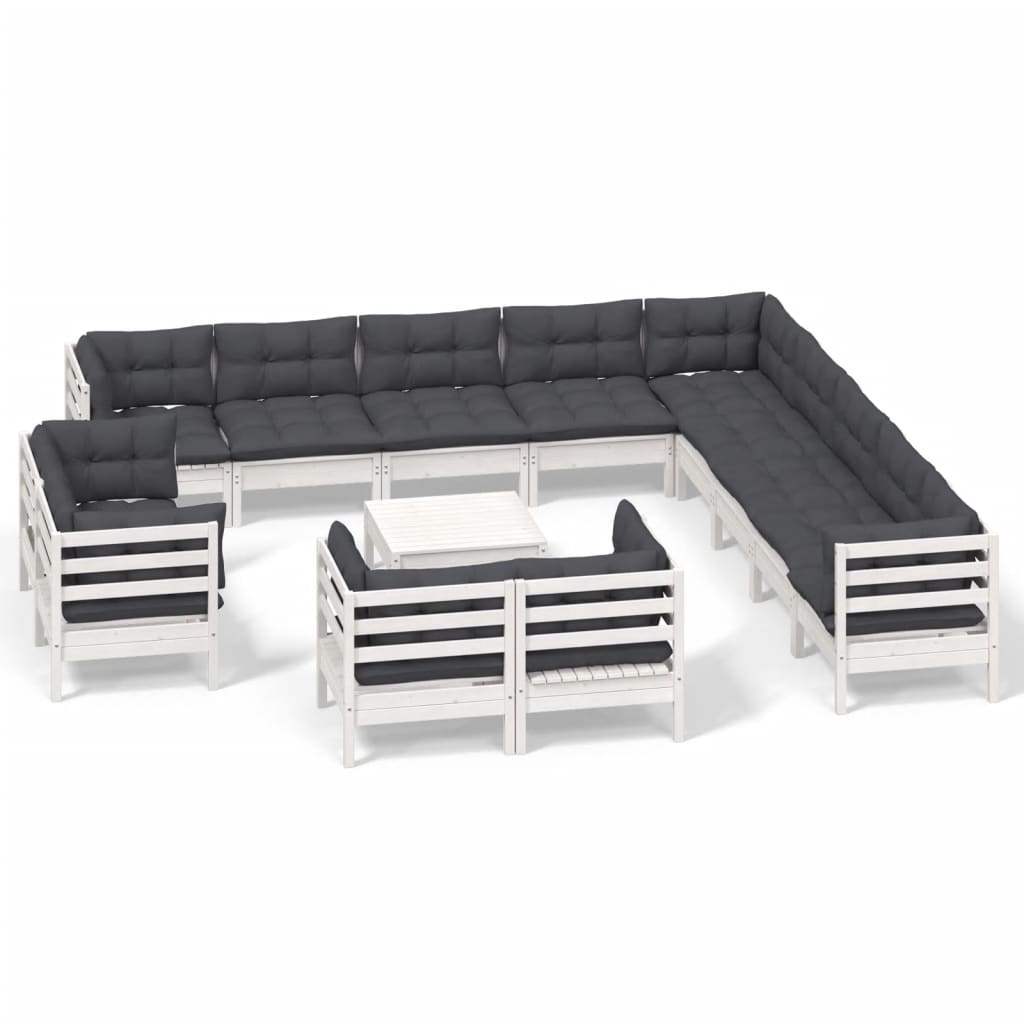 Set Divani da Giardino 14 pz con Cuscini Bianchi Legno di Pino