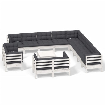 Set Divani da Giardino 14 pz con Cuscini Bianchi Legno di Pino