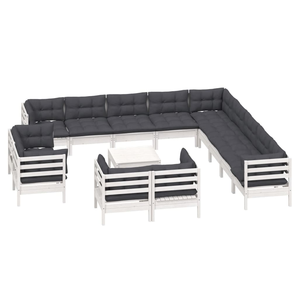 Set Divani da Giardino 14 pz con Cuscini Bianchi Legno di Pino